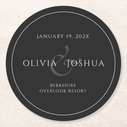 Minimalistische moderne zwart witte bruiloft ronde kartonnen onderzetter (Voorkant)
