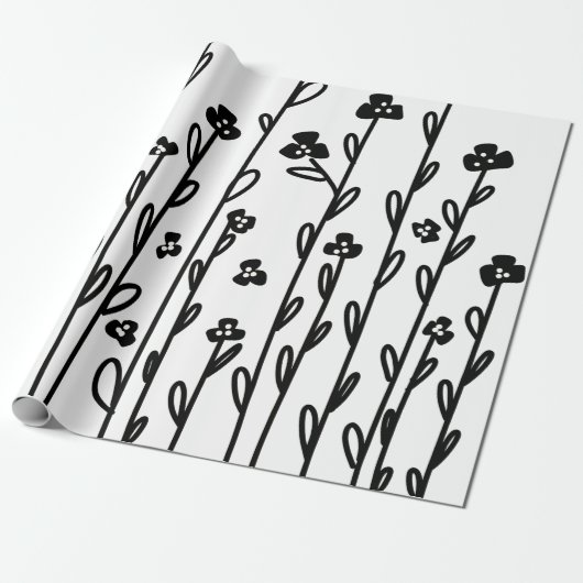 Minimalistische moderne zwart witte doodle bloemen cadeaupapier (Uitgerold)