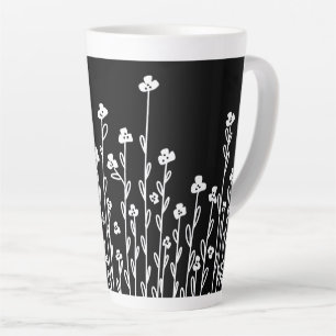 Minimalistische moderne zwart witte doodle bloemen latte mok