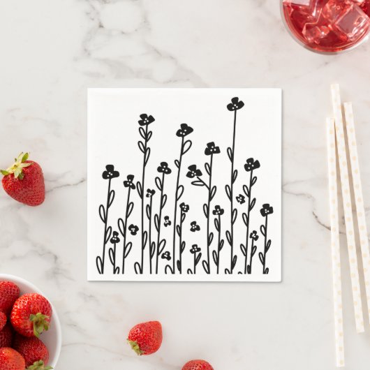 Minimalistische moderne zwart witte doodle bloemen servet (Insitu)