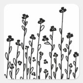 Minimalistische moderne zwart witte doodle bloemen vierkante sticker (Voorkant)