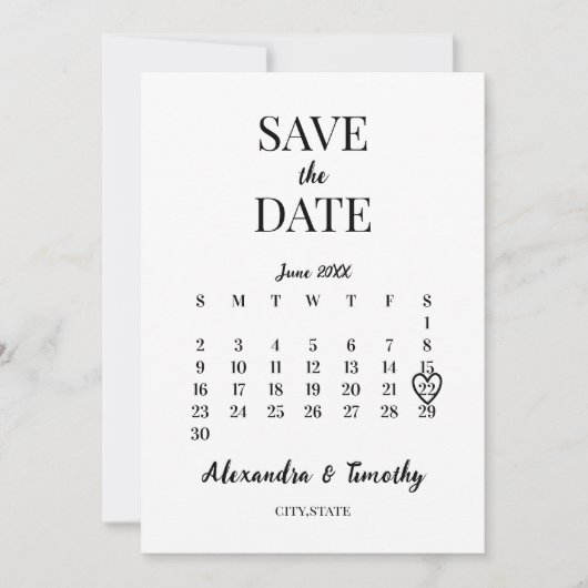 Minimalistische moderne zwart-witte kalender bruil save the date (Voorkant)