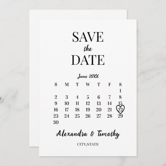 Minimalistische moderne zwart-witte kalender bruil save the date (Voorkant / Achterkant)