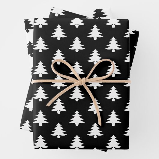 Minimalistische moderne zwart-witte kerstbomen inpakpapier vel (In situ)
