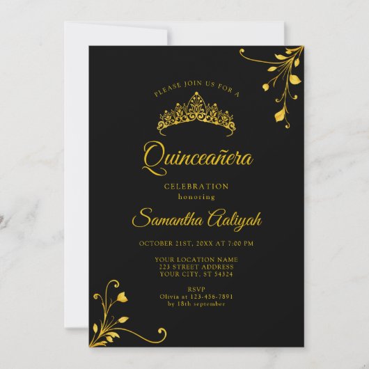 Minimalistische moderne zwarte gouden Quinceanera Kaart (Voorkant)