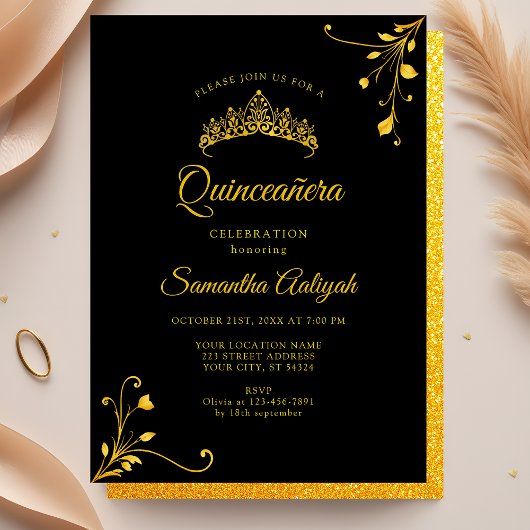 Minimalistische moderne zwarte gouden Quinceanera Kaart