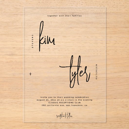 Minimalistische moderne zwarte script duidelijke b acryl uitnodigingen (Voorkant)