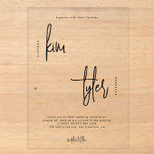 Minimalistische moderne zwarte script heldere trou acryl uitnodigingen (Voorkant)