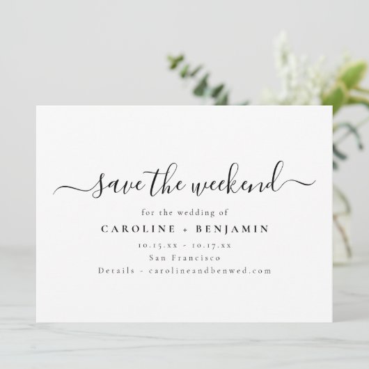 Minimalistische moderne zwarte witte script weeken save the date (Staand voorkant)
