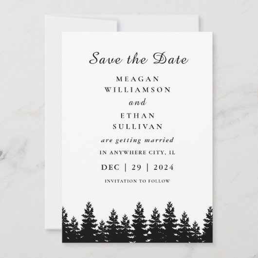Minimalistische Moderne Zwarte Witte Winter Huweli Save The Date (Voorkant)