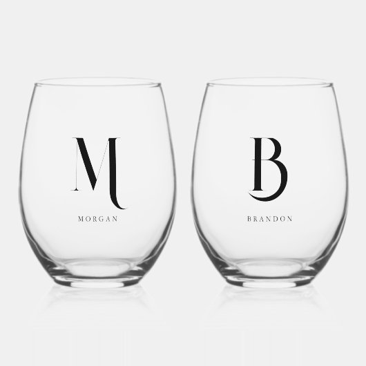 Minimalistische Monogram Aangepaste Huwelijkspaar  Wijnglas Zonder Voet (Voorkant)
