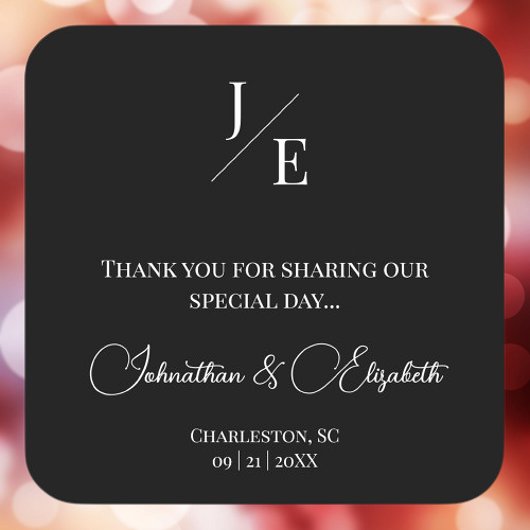 Minimalistische Monogram bruiloft gunst | Zwart Vierkante Sticker