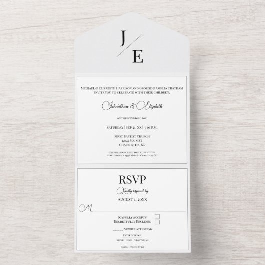 Minimalistische monogram bruiloft | Wit All In One Uitnodiging (Binnen)