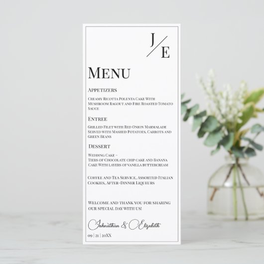 Minimalistische monogram bruiloft | Wit Menu (Staand voorkant)
