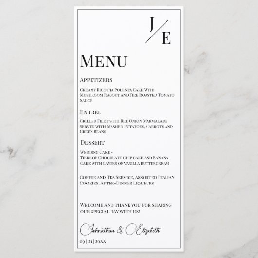 Minimalistische monogram bruiloft | Wit Menu (Voorkant)
