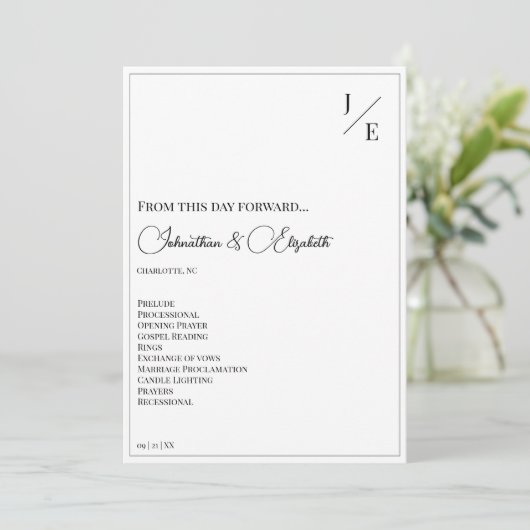 Minimalistische monogram bruiloft | Wit Programmakaart (Staand voorkant)