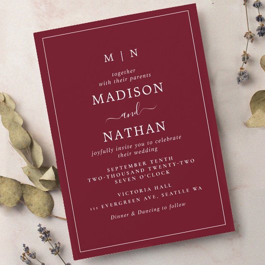 Minimalistische Monogram Cranberry Red Wedding Kaart