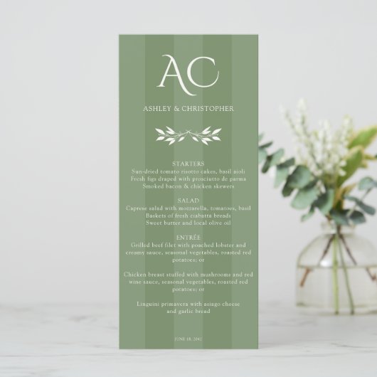 Minimalistische Monogram Gestreepte Gedempte Groen Menu (Staand voorkant)
