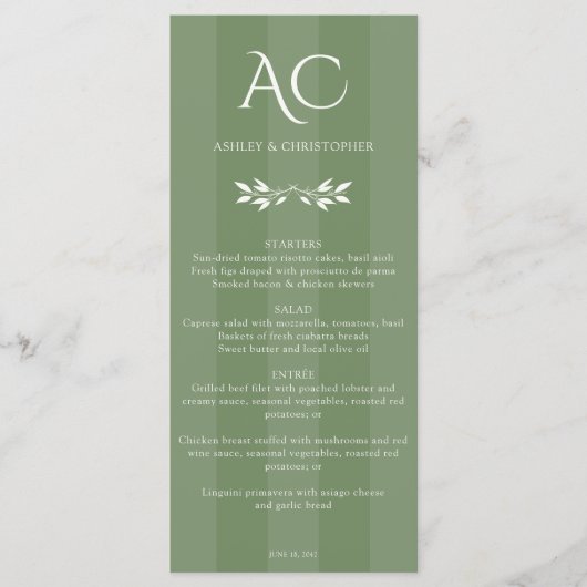 Minimalistische Monogram Gestreepte Gedempte Groen Menu (Voorkant)