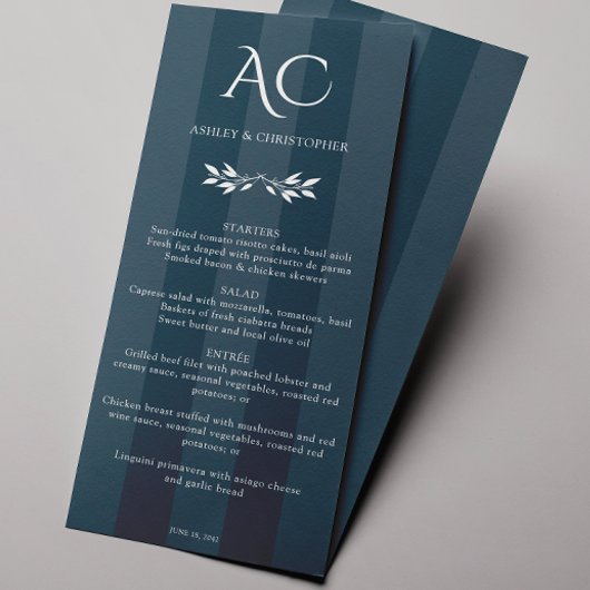 Minimalistische Monogram Gestreepte Indigo Blauwe  Menu