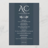 Minimalistische Monogram Gestreepte Indigo Blauwe  Programmakaart (Voorkant)