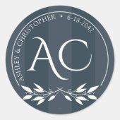 Minimalistische Monogram Gestreepte Indigo Blauwe Ronde Sticker (Voorkant)