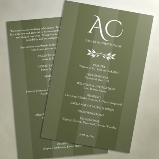 Minimalistische Monogram Gestreepte Olijfgroene Hu Programmakaart