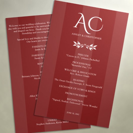 Minimalistische Monogram Gestreepte Rozenhout Rode Programmakaart