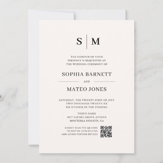 Minimalistische Monogram Ivoor Foto QR Code Trouwe Kaart (Voorkant)