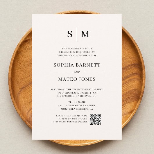 Minimalistische Monogram Ivoor Foto QR Code Trouwe Kaart