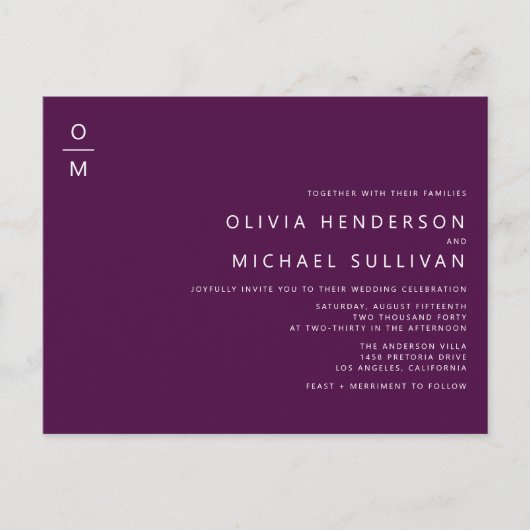 Minimalistische Monogram Paarse QR Code Wedding Uitnodiging Briefkaart (Voorkant)