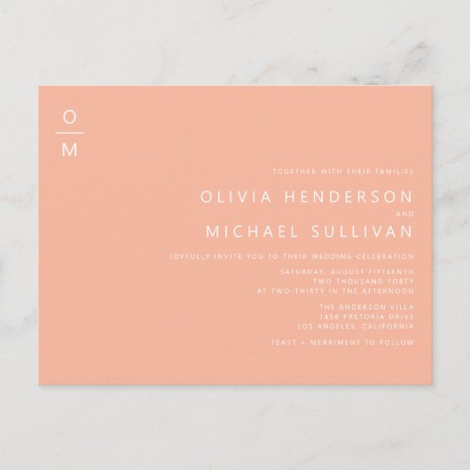 Minimalistische Monogram Peach QR Code Wedding Uitnodiging Briefkaart (Voorkant)