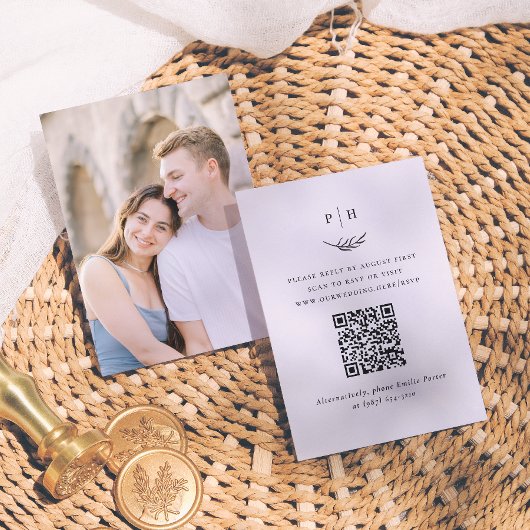 Minimalistische Monogram QR Code Foto Bruiloft RSV Informatiekaartje