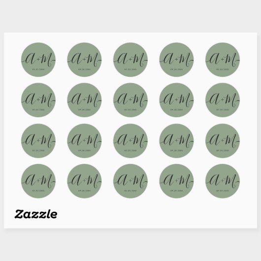 Minimalistische Monogram Script Groene Aangepaste Ronde Sticker (Vel)