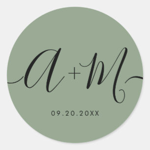 Minimalistische Monogram Script Groene Aangepaste Ronde Sticker