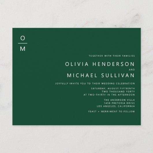 Minimalistische Monogram Smaragdgroene QR Code Wed Uitnodiging Briefkaart (Voorkant)