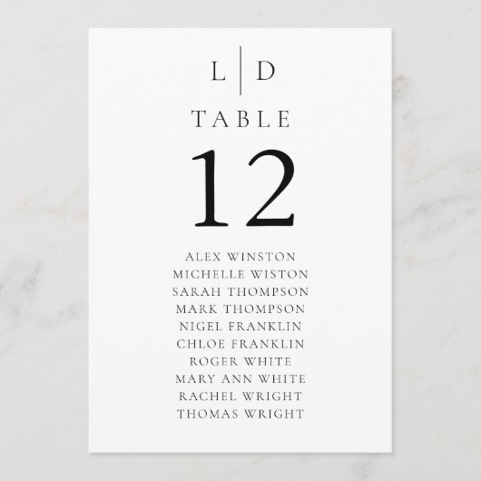 Minimalistische Monogram Tafelnummer Zitenkaart (Voorkant)