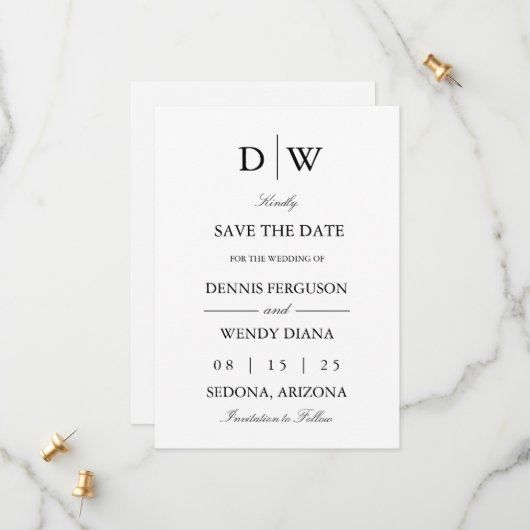 Minimalistische Monogram Trouw Save The Date (Voorkant / Achterkant in situ)