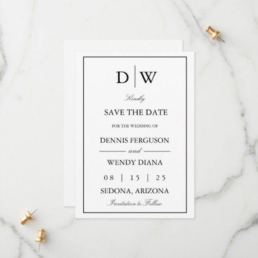 Minimalistische Monogram Trouw Save The Date (Voorkant / Achterkant in situ)