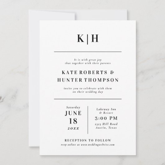 Minimalistische Monogram Trouwuitnodiging Kaart (Voorkant)