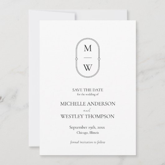 Minimalistische Monogram Zwart-Wit Trouwfoto Save The Date (Voorkant)