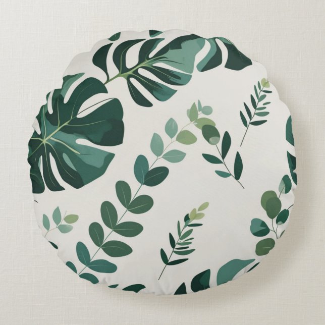 Minimalistische Monstera en Greenery Pattern - Mod Rond Kussen (Voorkant)