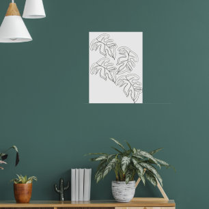 Minimalistische Monstera Handgetekend Gebaar Zwart Poster