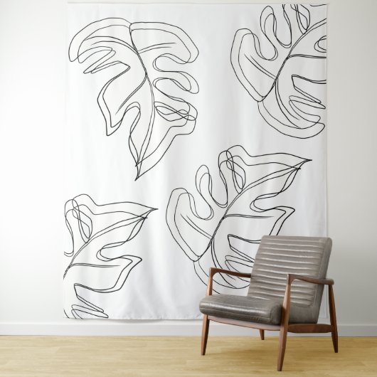 Minimalistische Monstera Handgetekende Gebaar Zwar Wandkleed (In situ)
