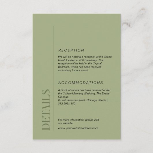 Minimalistische mos groene bruiloft informatie informatiekaartje (Voorkant)