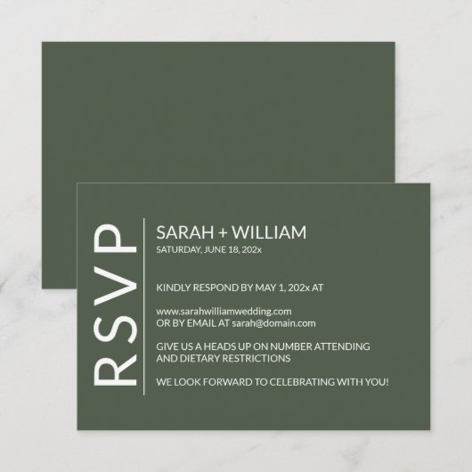 Minimalistische Moss Green Moderne RSVP-kaart RSVP Kaartje (Voorkant / Achterkant)