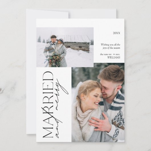 Minimalistische Mr en Mrs Married & Merry Foto Feestdagenkaart (Voorkant)