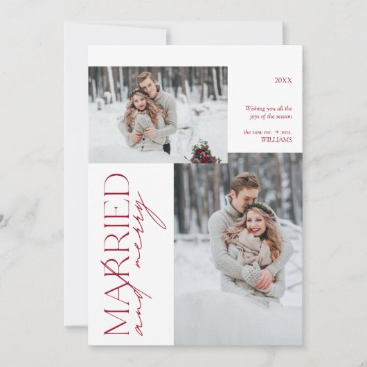 Minimalistische Mr en Mrs Red Married & Merry Foto Feestdagenkaart (Voorkant)