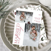 Minimalistische Mr en Mrs Red Married & Merry Foto Feestdagenkaart