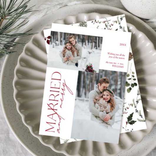Minimalistische Mr en Mrs Red Married & Merry Foto Feestdagenkaart